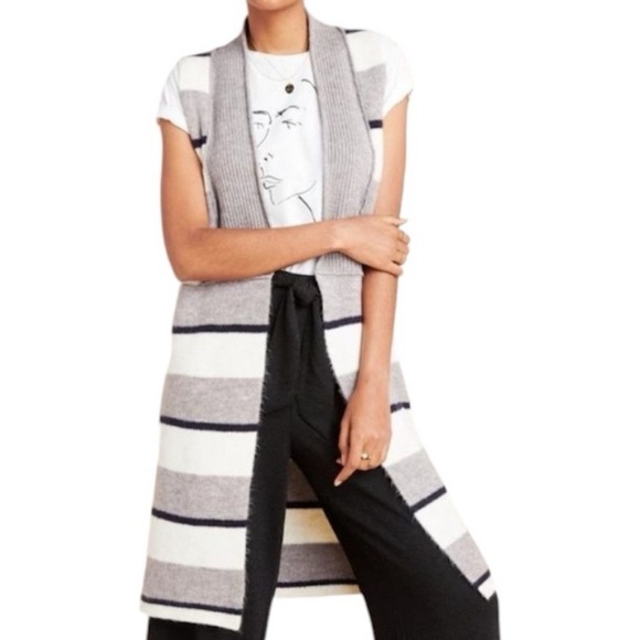 Anthropologie Pencey Stripe Long Line Open Front Cardigan Sweater Vest - Picture 1 of 12